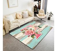 Homewish Alfombras florales personalizadas de 100 x 150 cm - Alfombra personalizada con inicial P para sala de estar, flores de primavera, alfombra que no se desprende, estilo rústico, alfombras