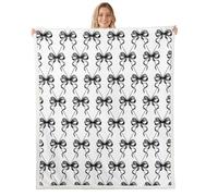 Homewish Bonita manta de forro polar con lazo, tamaño Queen, 229 x 229 cm, diseño geométrico de cuadrícula, cálida manta de sherpa de felpa mullida con moño de princesa, color negro y blanco, elegante