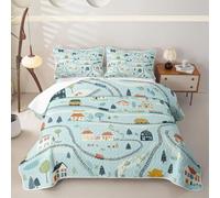 Homewish Cartoon Cars - Edredón doble de microfibra | Juego de ropa de cama acolchada de 3 piezas con diseño de carretera de ciudad, color verde menta