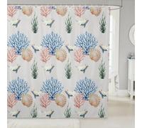 Homewish Cortina de ducha con sello blanco costero, 183 cm de ancho x 183 cm de largo, cortinas de baño impermeables de coral bajo el mar, cortina de baño con concha de océano, algas marinas verdes