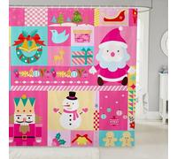 Homewish Cortina de ducha de Navidad rosa de 72 pulgadas de ancho x 84 pulgadas de largo, cortina de baño de Papá Noel de dibujos animados, cascanueces de Navidad, muñeco de jengibre, muñeco de nieve