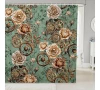 Homewish Cortina de ducha vintage steampunk de 72 pulgadas de ancho x 78 pulgadas de largo, cortinas de baño impermeables con flores bohemias de color verde salvia, cortina de baño botánica, estética