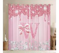 Homewish Cortinas con lazo rosa para niñas, cortinas opacas personalizadas con inicial W, cortinas opacas con purpurina para ventana, bonito lazo monogramado, 2 paneles de 52 x 63 pulgadas