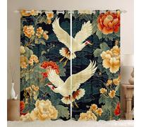 Homewish Cortinas de ventana con grulla coronada roja de 52 x 90 pulgadas, juegos de 2 paneles - Cortinas opacas japonesas Ukiyo-E retro flores Ukiyoe cortinas para ventana con estampado de animales
