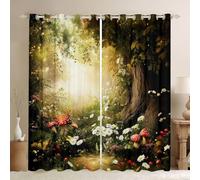 Homewish Cortinas mágicas para ventana de bosque de hadas de 46 x 72 pulgadas, juegos de 2 paneles, cortinas opacas con plantas de bosque, montaña ahumada, cortinas de tratamiento de ventanas, setas