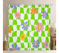 Homewish Cortinas opacas rústicas bohemias florales de 132 x 160 cm, cortinas con ojales a cuadros verde lima para sala de estar y dormitorio, decoración estética de tablero de ajedrez para oscurecer