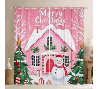Homewish Cortinas rosas de Navidad para ventana de casa de campo, 66 x 90 pulgadas, juego de 2 paneles, cortinas opacas de Feliz Navidad, cortinas opacas de dibujos animados de Papá Noel, cortinas