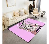 Homewish Divertidas alfombras de esqueleto de 150 x 200 cm para dormitorio | Alfombra moderna de Halloween con diseño de calavera de azúcar, color morado y hueso grande, no se desprende