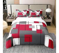 Homewish Funda de Edredón Negra Gris Roja de Algodón, Juego de Ropa de Cama Geométrico Cuadrado para Niños y Adultos, Parure de Cama Moderna con Rayas Geométricas Abstractas, 2 Fundas de Almohada