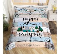 Homewish - Funda nórdica de 200 x 200 cm con 2 fundas de almohada, decoración de camping para camper, juego de cama Happy Camping para niños y niñas, cubrecama de campaña, color marrón y azul