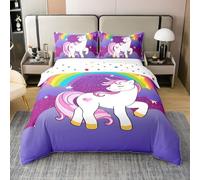 Homewish - Funda nórdica para niñas, 240 x 260 cm, 100 % algodón, juego de cama para niñas, juego de cama con estampado de unicornio, arcoíris, funda nórdica de dibujos animados Kawaii para niños,