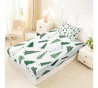 Homewish Green Trees - Sábana bajera ajustable para cama individual | Juego de sábanas de árbol de Navidad con bolsillo profundo de 16 in / 40 cm, juego de ropa de cama de rayas triangulares