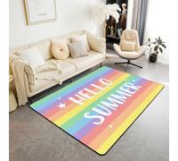 Homewish Hello Summer - Alfombra estampada de 150 x 200 cm, diseño de dibujos animados de arcoíris a rayas para sala de estar, color degradado, no se desprende, alfombra grande con estrellas blancas
