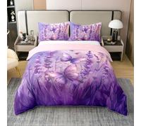 Homewish Hermosa funda de edredón individual de mariposa con 1 funda de almohada, juego de ropa de cama de algodón con flores bohemias de color lavanda y estética, funda de edredón rústica con diseño