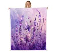 Homewish Hermosa manta de forro polar de mariposa, 100 x 130 cm, lavanda, bohemio, flores, cálida, manta de felpa rústica, estética, animal, mullida, color morado degradado de ensueño para sala de