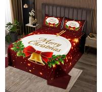 Homewish Juego de colcha de Feliz Navidad, tamaño King, decoración de Navidad, hojas de acebo y bayas rojas, juego de edredón para mujeres, adultos y niños, juego de colcha de lazo rojo de campana