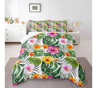 Homewish Juego de edredón de hojas de palma tropicales, tamaño King, juego de ropa de cama floral hawaiana rosa y amarillo, juego de edredón de verano con palmeras tropicales - Edredón moderno sin