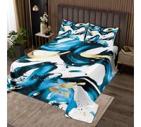 Homewish Juego de edredón tamaño King azul real y dorado, juego de colcha geométrica moderna abstracta, juego de colcha de estilo minimalista y elegante, juego de cama estético de graffiti Line Simple