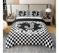 Homewish Juego de funda de edredón a cuadros en blanco y negro, tamaño Super King, con letra inicial J Coton, juego de ropa de cama retro a cuadros, cuadros geométricos