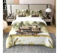Homewish Juego de funda de edredón con diseño de búho, tamaño King, con 2 fundas de almohada, ropa de cama de algodón, diseño de pino, bosque, hierba, acuarelas, dibujos animados, locomotora
