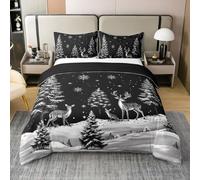 Homewish Juego de funda de edredón con diseño de ciervo de Navidad, tamaño Super King, color blanco y negro, juego de ropa de cama de algodón de Navidad, árbol de Navidad, copo de nieve