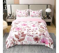 Homewish Juego de funda de edredón con diseño de flores botánicas y flores rosadas, tamaño doble, moderno, simple, acuarela, juego de cama de ramas y plantas