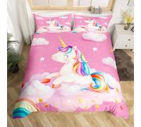 Homewish Juego de funda de edredón con diseño de unicornio rosa, tamaño King, para amantes de los unicornios, dibujos animados, nube, arco iris, bonito juego de cama colorido