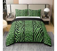 Homewish Juego de funda de edredón con estampado de cebra y guepardo neón, color negro y verde, ropa de cama de algodón con estampado de animales salvajes, retazos, piel silvestre