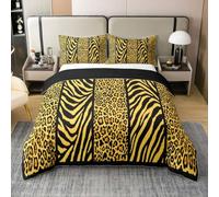 Homewish Juego de funda de edredón con estampado de cebra y guepardo neón, tamaño Super King, color negro y dorado, ropa de cama de algodón salvaje, safari, animales salvajes, retazos, piel silvestre