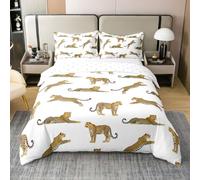 Homewish Juego de funda de edredón con estampado de leopardo y 2 fundas de almohada, ropa de cama de algodón blanco con estampado de leopardo africano, diseño de guepardo