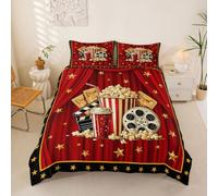 Homewish Juego de funda de edredón con temática de película Super King, diseño vintage de palomitas de maíz, color rojo, para adultos, adolescentes y mujeres, con estampado de franjas de películas