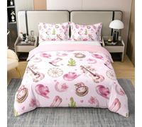 Homewish Juego de funda de edredón de algodón con diseño de vaquera occidental rosa, doble con diseño de cactus, guitarra, lazo, para adolescentes y niñas, vintage, sombrero occidental, botas y flores