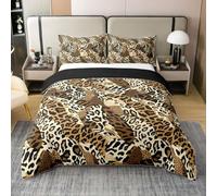 Homewish Juego de funda de edredón de algodón con estampado de guepardo y estampado de piel de leopardo, color negro y marrón, funda de edredón de retazos de vida silvestre