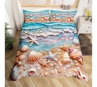 Homewish Juego de funda de edredón de playa y océano, tamaño Super King, diseño de estrellas de mar y conchas de mar de Hawái, funda de edredón de verano, juego de cama de paisaje marino costero