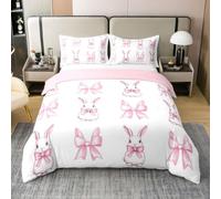 Homewish Juego de funda de edredón doble con diseño de conejo de Pascua para niñas, ropa de cama de algodón con lazo rosa, funda de edredón para niños, niñas y adultos, juego de cama de princesa