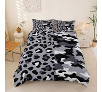 Homewish Juego de funda de edredón doble con estampado de leopardo y guepardo para niños, adolescentes y adultos, funda de edredón militar, color gris, blanco y negro