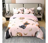 Homewish Juego de funda de edredón para cama individual, diseño gótico de gato negro, calabaza, farol, para niños y niñas, diseño de murciélago, lazos