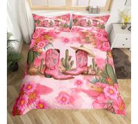 Homewish Juego de funda de edredón para niñas, diseño de botas occidentales rosas para preadolescentes, adolescentes, niños, cactus tropicales, flores rosas, juego de ropa de cama