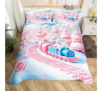 Homewish Juego de funda de edredón para niñas, diseño de tren, color rosa y azul, con temática de caramelos y caramelos, ropa de cama para invierno, color blanco, nieve, pistas rosas, bastones de