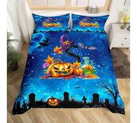 Homewish Juego de funda de edredón personalizada para Halloween, tamaño individual, letra S, hojas de otoño, calabaza, gorro de bruja, lápidas, murciélagos