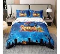 Homewish Juego de funda de edredón personalizada para Halloween, tamaño King, con letra inicial, hojas de otoño, calabaza, gorro de bruja, lápidas, murciélagos