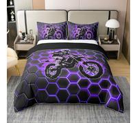 Homewish Juego de funda de edredón tamaño Super King con 2 fundas de almohada, de algodón, diseño geométrico de motocross, color morado, neón, con diseño de panal de abeja