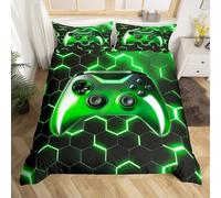 Homewish Juego de ropa de cama con diseño de consola de videojuegos 3D, diseño geométrico de panal de abeja y luz neón, color verde y negro, para decoración de dormitorio de niños