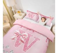 Homewish Juego de ropa de cama con lazo rosa para niñas, funda de edredón personalizada con inicial W, juego de cama de princesa con purpurina, bonito lazo, funda de cama con monograma, sin edredón