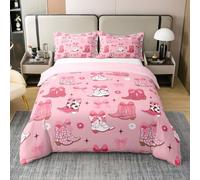 Homewish Juego de ropa de cama de algodón con diseño de lazo occidental para niñas y adolescentes, tamaño Super King, diseño de lazo rosa vaquera, diseño vintage de estrellas y flores