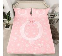 Homewish Juego de ropa de cama de matrimonio rosa con estampado de princesas de ensueño, con monograma, coqueta, letra inicial, lazo, colcha de invierno, funda de cama floral de copo de nieve, 3