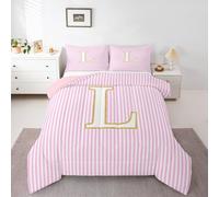 Homewish Juego de ropa de cama doble a rayas rosas - Juego de edredón con monograma inicial L para adolescentes | Lindo juego de edredón de rayas abstractas - Minimalismo femenino moderno abstracto