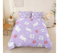 Homewish Juego de ropa de cama doble con diseño de conejo y lazo de princesa para niños y adolescentes, funda de edredón floral de fresa, juego de cama estético de fantasía