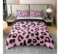 Homewish Juego de ropa de cama doble con estampado de guepardo, funda de edredón de algodón negro y rosa, funda de edredón de piel de animal safari, juego de cama abstracto de vida silvestre