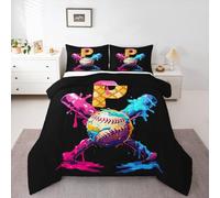 Homewish Juego de ropa de cama doble con monograma de helado - Juego de edredón con temática deportiva de béisbol y juegos de béisbol, juego de edredón con letras del alfabeto - para niños y niñas